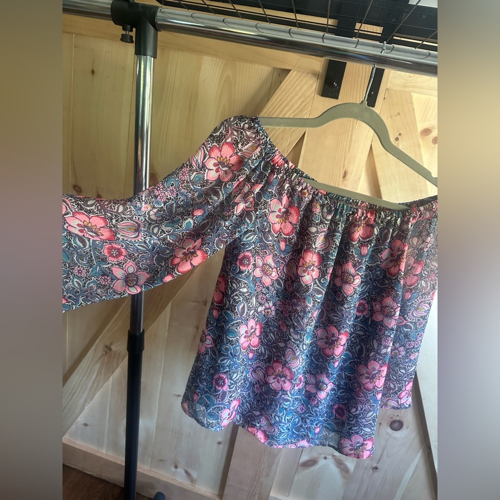 Express Pink and Black Floral Off the Shoulder top